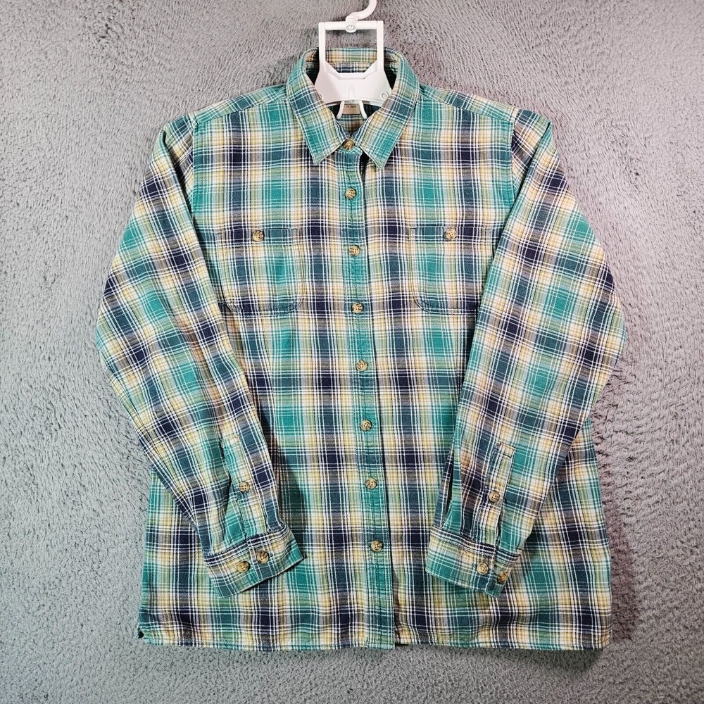 Duluth Trading Thick Cotton Shirt Women Large Button Up Long Sleeve Green Plaid